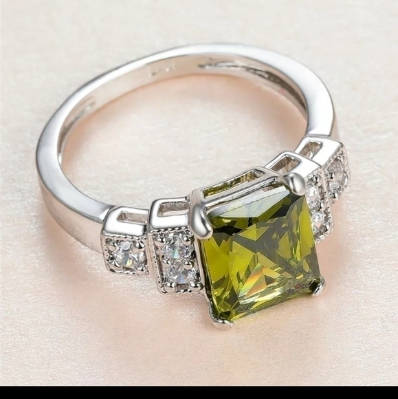 Square Olive Green Stone Ring Luxury Birthstone Rings - Picture 7 of 13